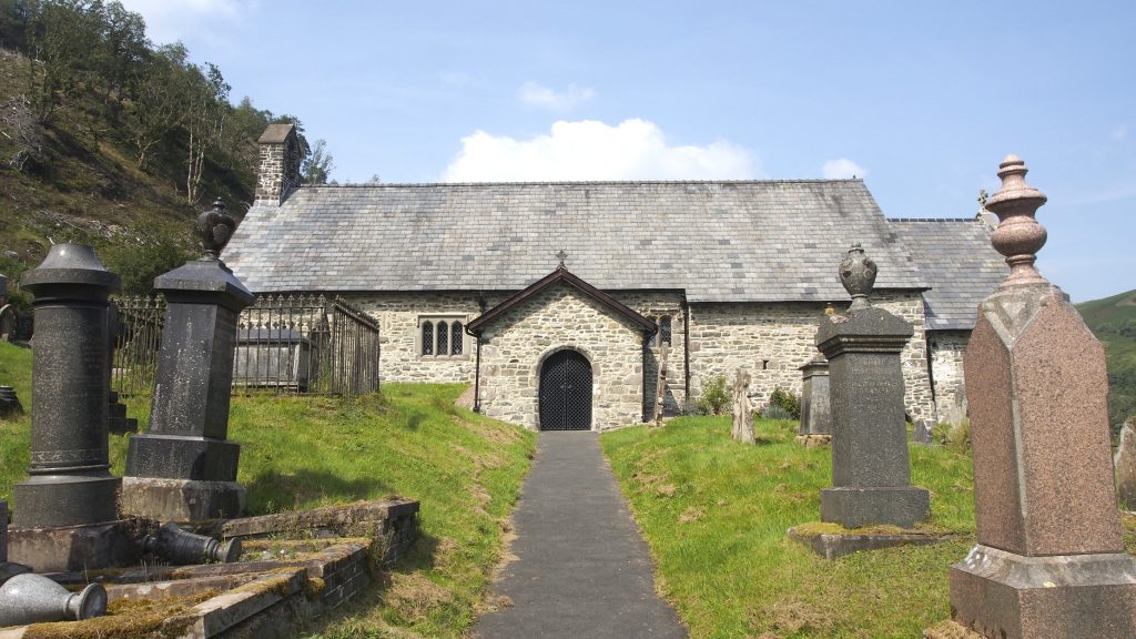 The graveyard and pathway leading to the Front door of St David's Church, Llanwrtyd.