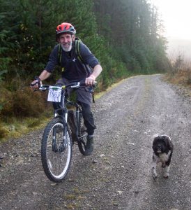 Mountain biker and dog on forestry trail