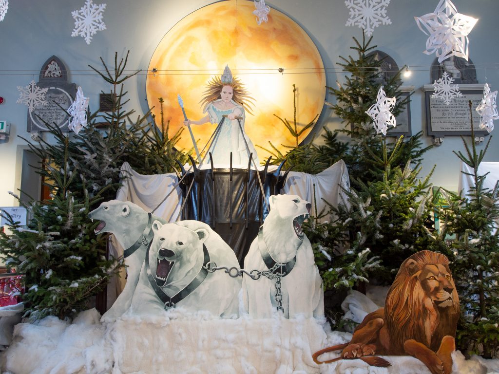 Exhibition of Narnia (snow queen and cut outs of polar bears and lion) inside the Heritage Centre, Llanwrtyd Wells