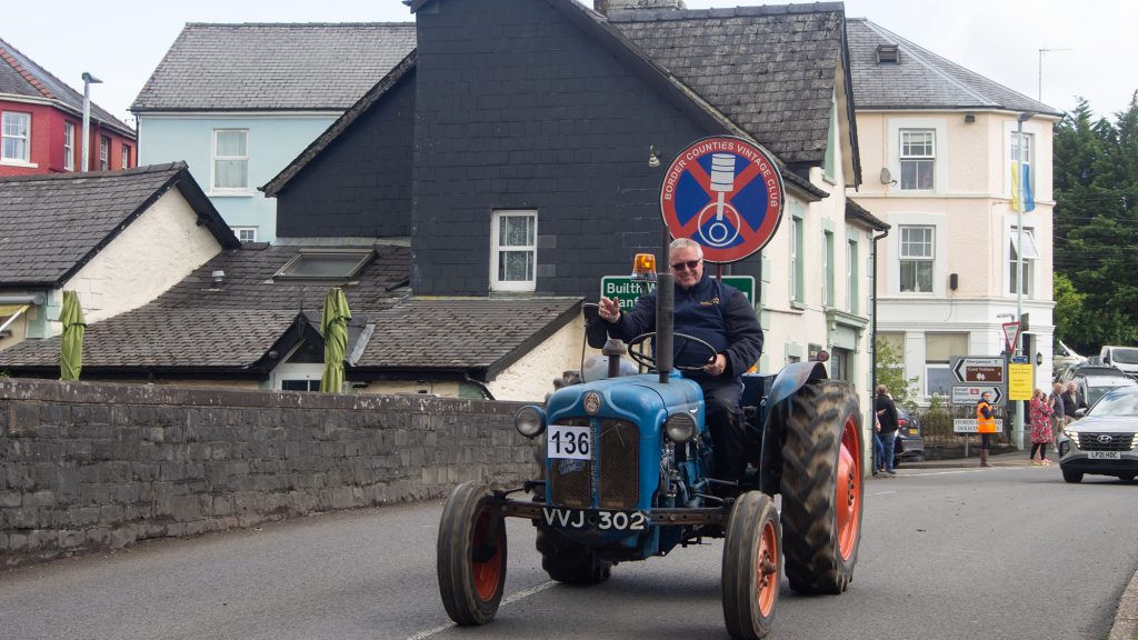 Welsh National Tractor Road Run. Tractor crossing the bridge at Llanwrtyd Wells