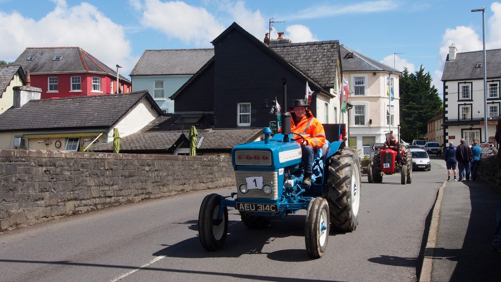 Welsh National Tractor Run. Tractor crossing the bridge at Llanwrtyd Wells